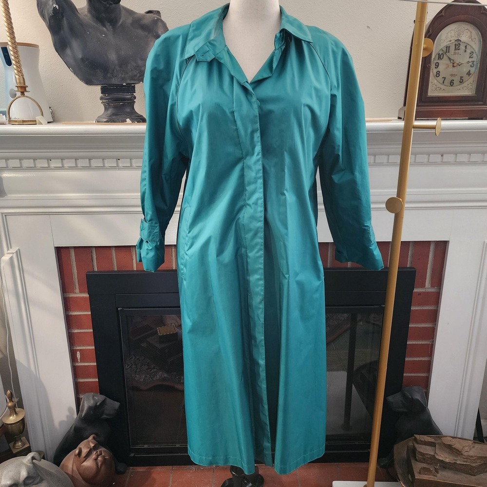 Vintage British Mist Turquoise Long Trench Coat Padded Shoulders Womens 9/10